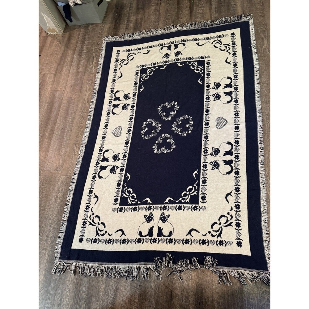 Vintage 1989 Goodwin Weavers cat tapestry Blanket Throw Navy Blue Cream Woven